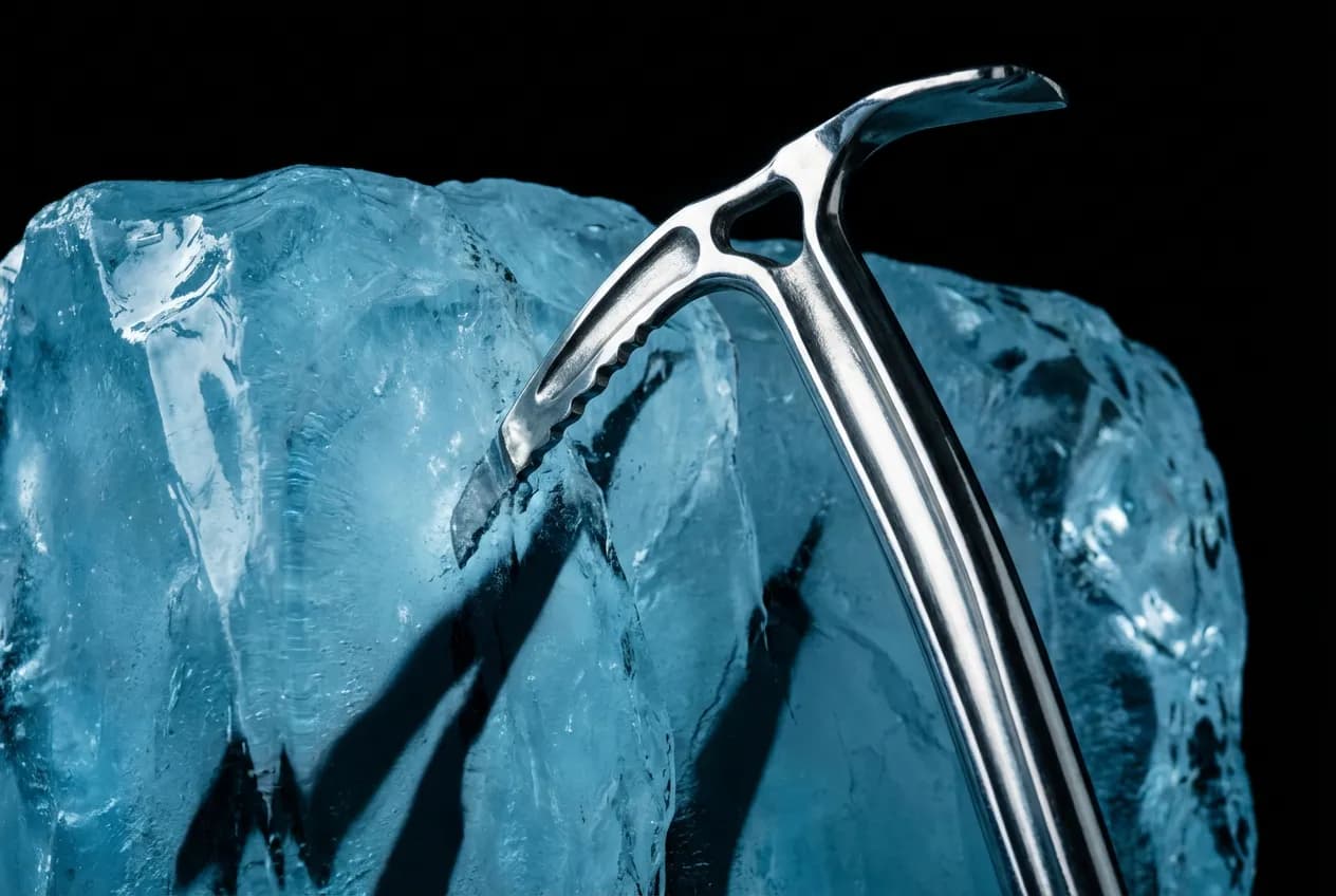 Col d'Amphu Labtsa : guide du défi technique en Himalaya Gros plan iconique d'un piolet de montagne planté dans un bloc de glace, symbolisant l'équipement technique nécessaire pour le trek d'Amphu.