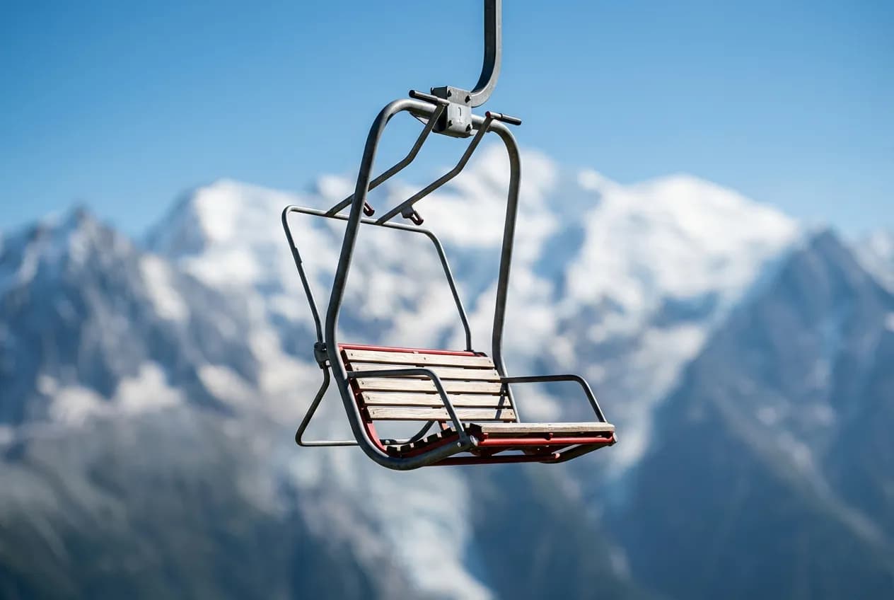 Télésiège de l'Index : Guide Rando & Ski à Chamonix Gros plan d'un siège du télésiège de l'Index, sujet iconique et centré sur fond de Mont-Blanc flouté.
