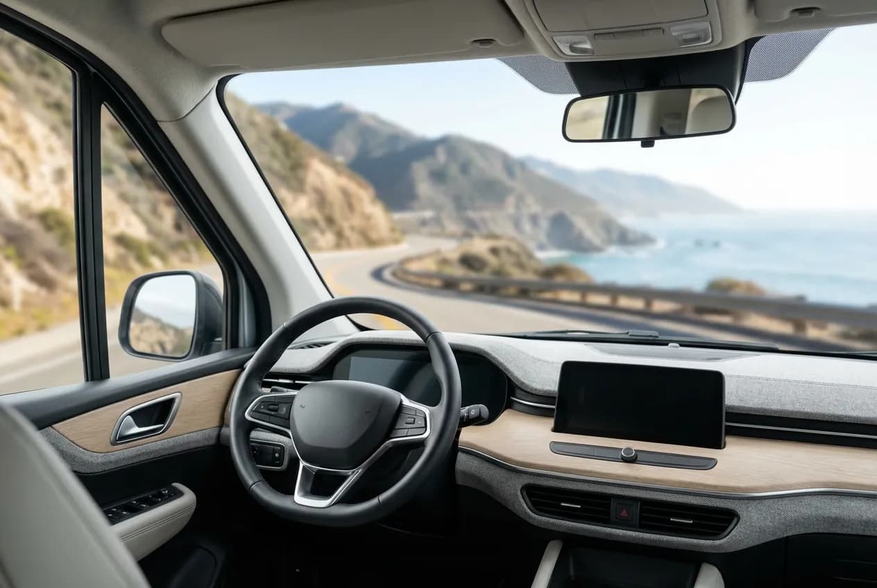 Camping-car 40000 euros neuf : le top des modèles 2024 Vue depuis le poste de conduite d'un camping-car neuf, volant au premier plan et route ensoleillée à travers le pare-brise.