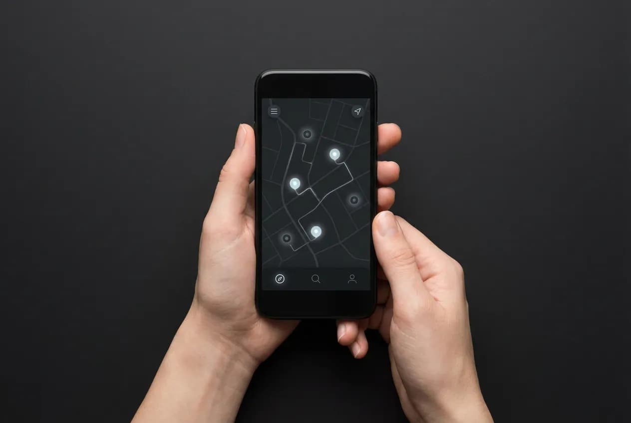 Camping car aires gratuites : le guide complet 2024 Smartphone affichant une application de recherche d'aires de camping-car gratuites, symbole de la planification de voyage moderne.