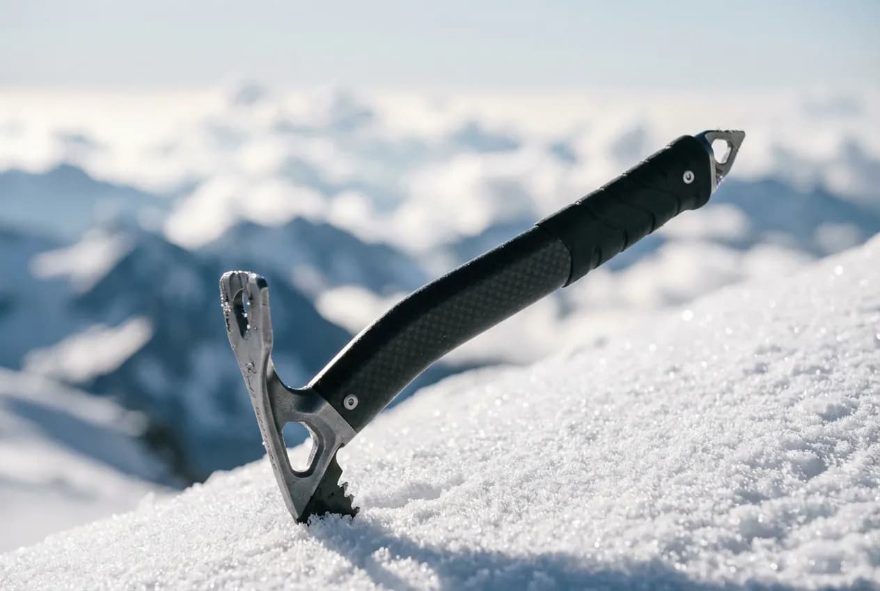 Lyskamm : Alpinisme, traversée et ascension (4527m) Gros plan sur un piolet d'alpinisme planté dans la neige au sommet du Lyskamm, symbolisant la conquête du sommet.