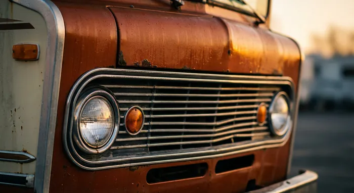 Camping-car vintage américain : guide 2026 - Top 5 motorhomes US mythiques - Motorhome US vintage : prix et permis Gros plan sur l'avant d'un Winnebago Brave avec ses phares ronds emblématiques.