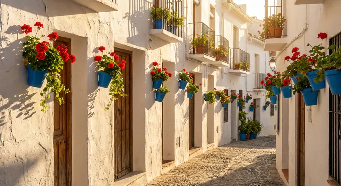 Andalousie Village Blanc : Guide 2026 - Top 5 Villages Blancs : Itinéraire Ultime - Villages Blancs : Comment Éviter la Foule en Andalousie ? Ruelle fleurie typique avec géraniums rouges et murs blancs à Frigiliana
