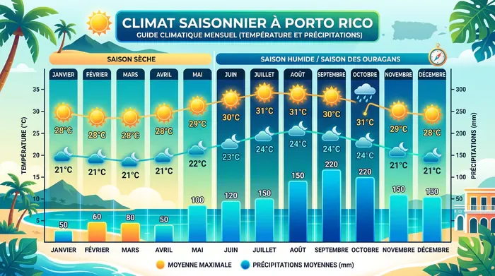 Climat Porto Rico : Quand Partir ? Guide Complet 2026 - Météo Porto Rico : Évitez la Pluie avec ce Guide ! - Porto Rico : Quel Mois Choisir pour Éviter les Ouragans ? Soleil radieux et eau turquoise des Caraïbes invitant au voyage.