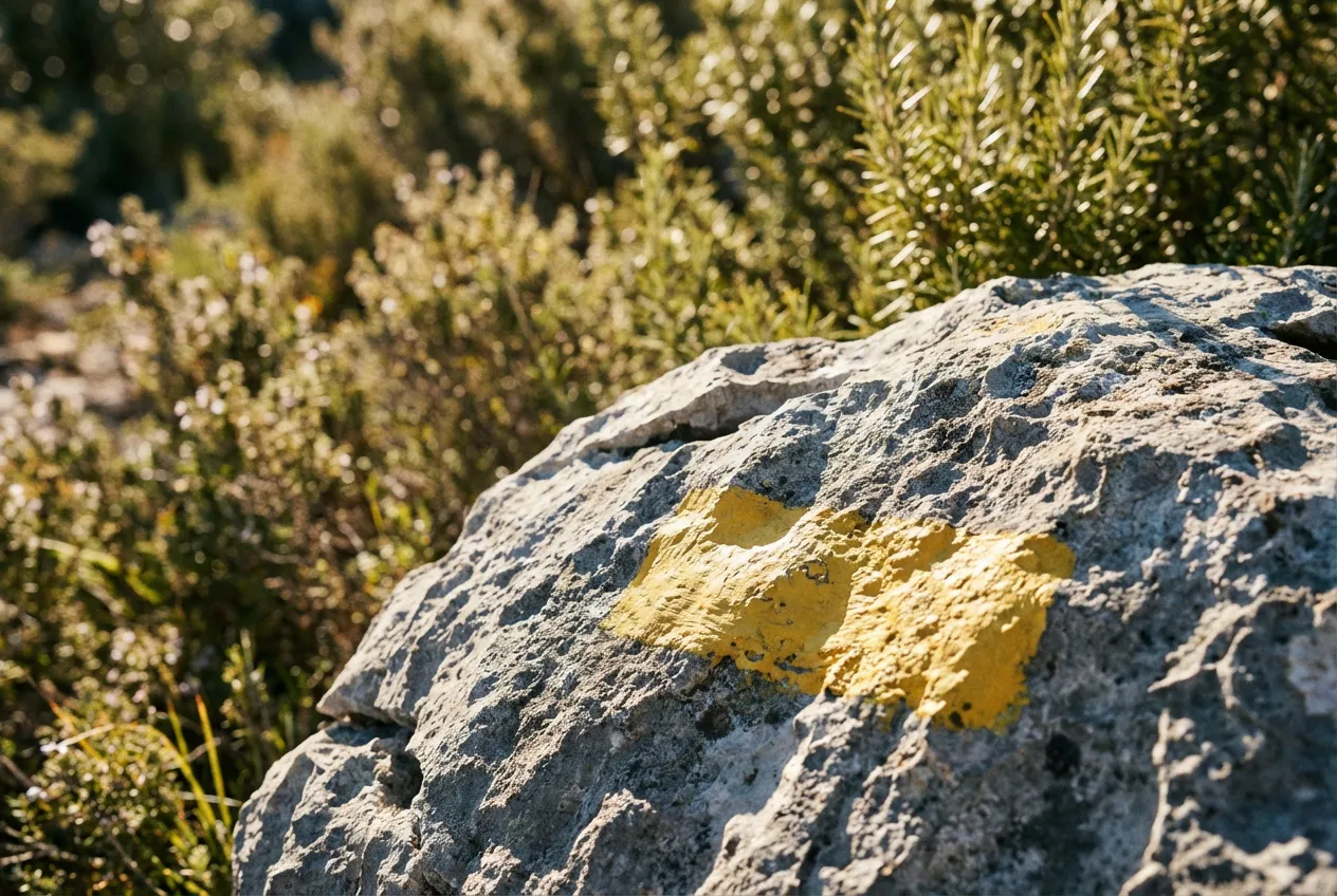 Col de Fambetou : Randonnée facile et panorama Hérault Gros plan sur une balise de randonnée jaune sur un rocher, indiquant le chemin du Col de Fambetou.