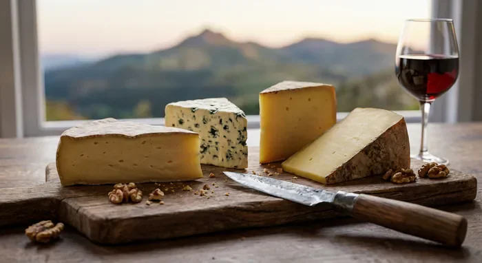 Guide Auvergne 2026 : Itinéraires et Volcans - Guide Auvergne : Les 7 pépites secrètes - Où aller en Auvergne ? Le guide ultime Plateau de fromages d'Auvergne et vin rouge avec vue montagne