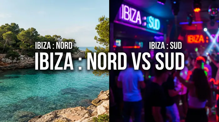 Où aller à Ibiza ? Guide des zones 2026 - Où aller à Ibiza en 2026 : Guide Ultime - Où aller à Ibiza ? Évitez le quartier qui gâche tout Comparaison visuelle entre Ibiza Nord (calme) et Ibiza Sud (festif).