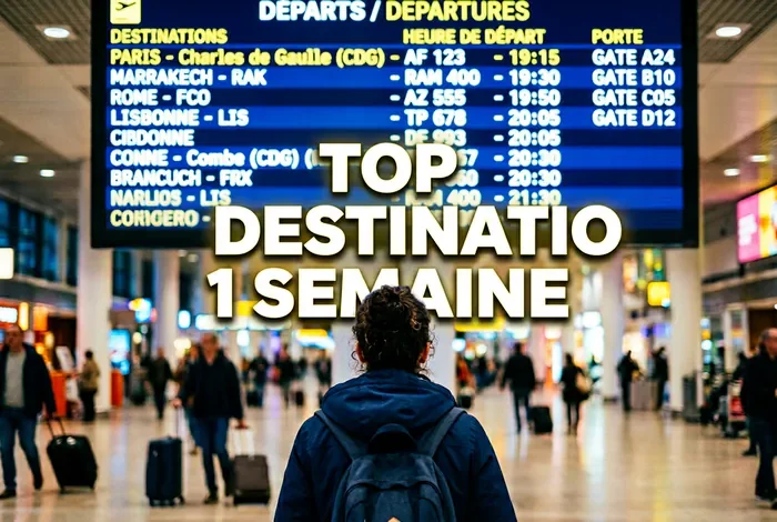 Où partir pour 1 semaine ? Top 20 - Guide ultime 1 semaine - Où partir 1 semaine sans fatigue ? Voyageur devant un panneau d'affichage d'aéroport pour un voyage d'une semaine.