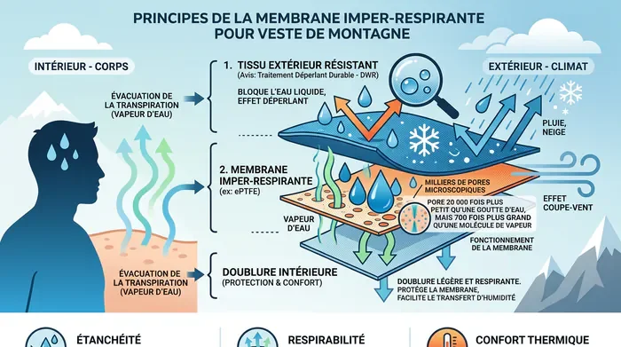 Eider Defender 2LS : Avis, Test et Guide SEO - Eider Defender 2LS : Mieux que Gore-Tex ? Guide - Veste Eider Defender 2LS : Est-ce vraiment étanche ? Gros plan sur l'effet déperlant d'une membrane technique de veste de montagne.